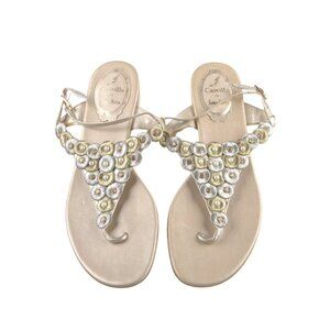 Rene Caovilla T-Strap Sandals Flats Womens 38.5 8.5 Silver Gold Leather Shoes